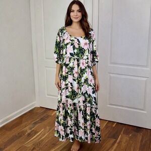 Karen Kane Maxi Dress Womens L Floral Ruffle Hem Cottage Peasant VTG Pockets